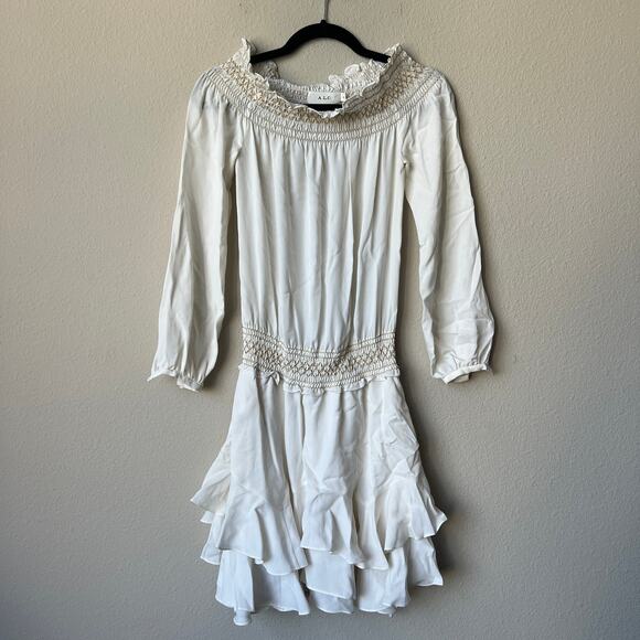 A.L.C. Ivory Silk Smocked Ruffle Mini Dress Size 0 - Picture 2 of 6